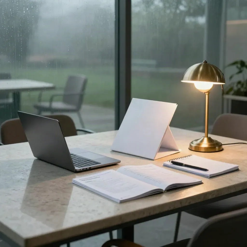 Spread career orientato su tavolo in pietra, con laptop, cartelle e lampada vicino a vetro bagnato.